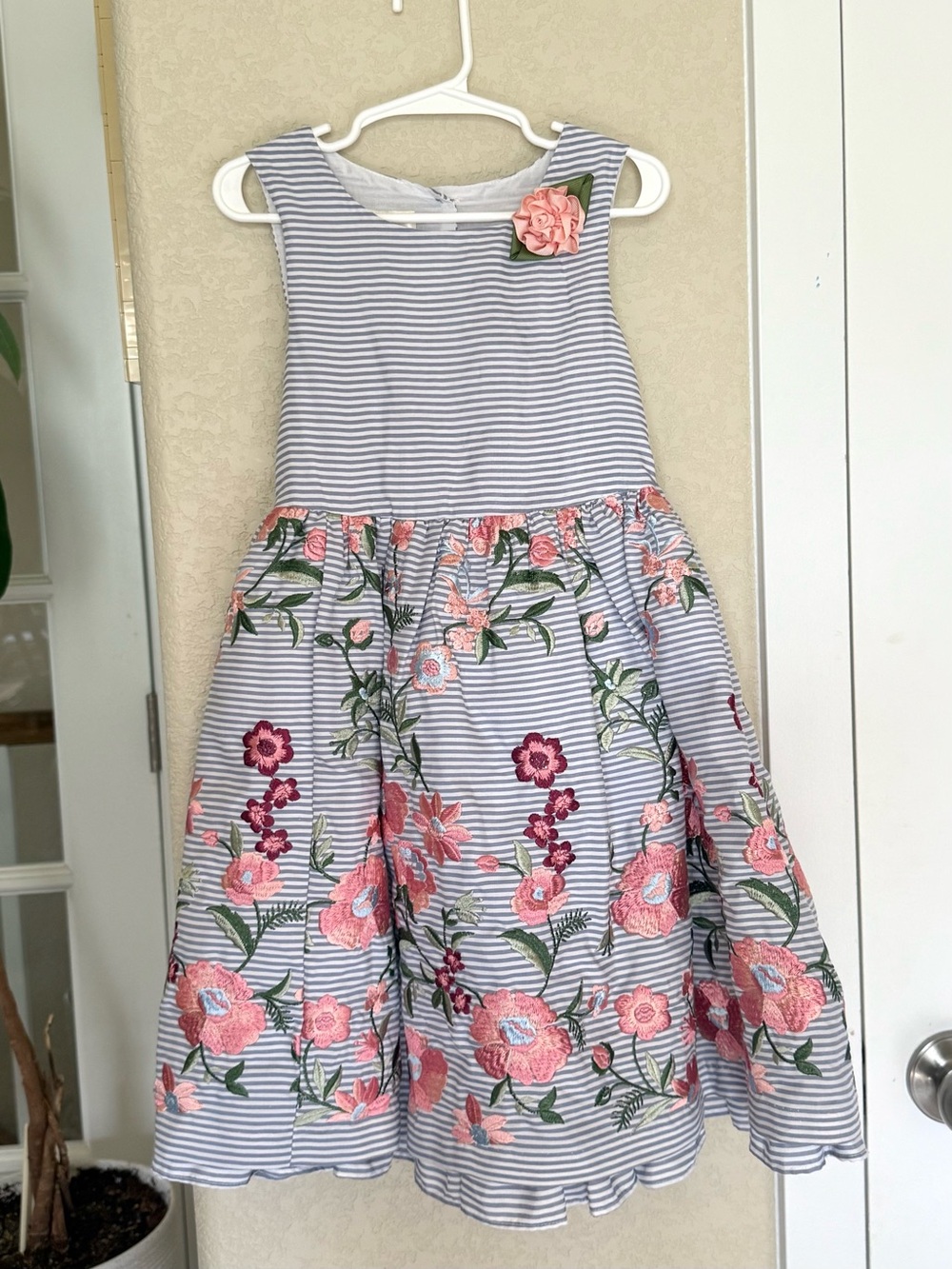 Laura Ashley London Girls Size 6 Blue White Striped Embroidered Floral Dress